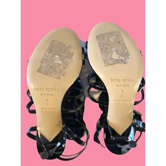 Vintage Kate Spade Black Patent Leather Satin Rose Sandals size 6 Italian Straps - Picture 2 of 10
